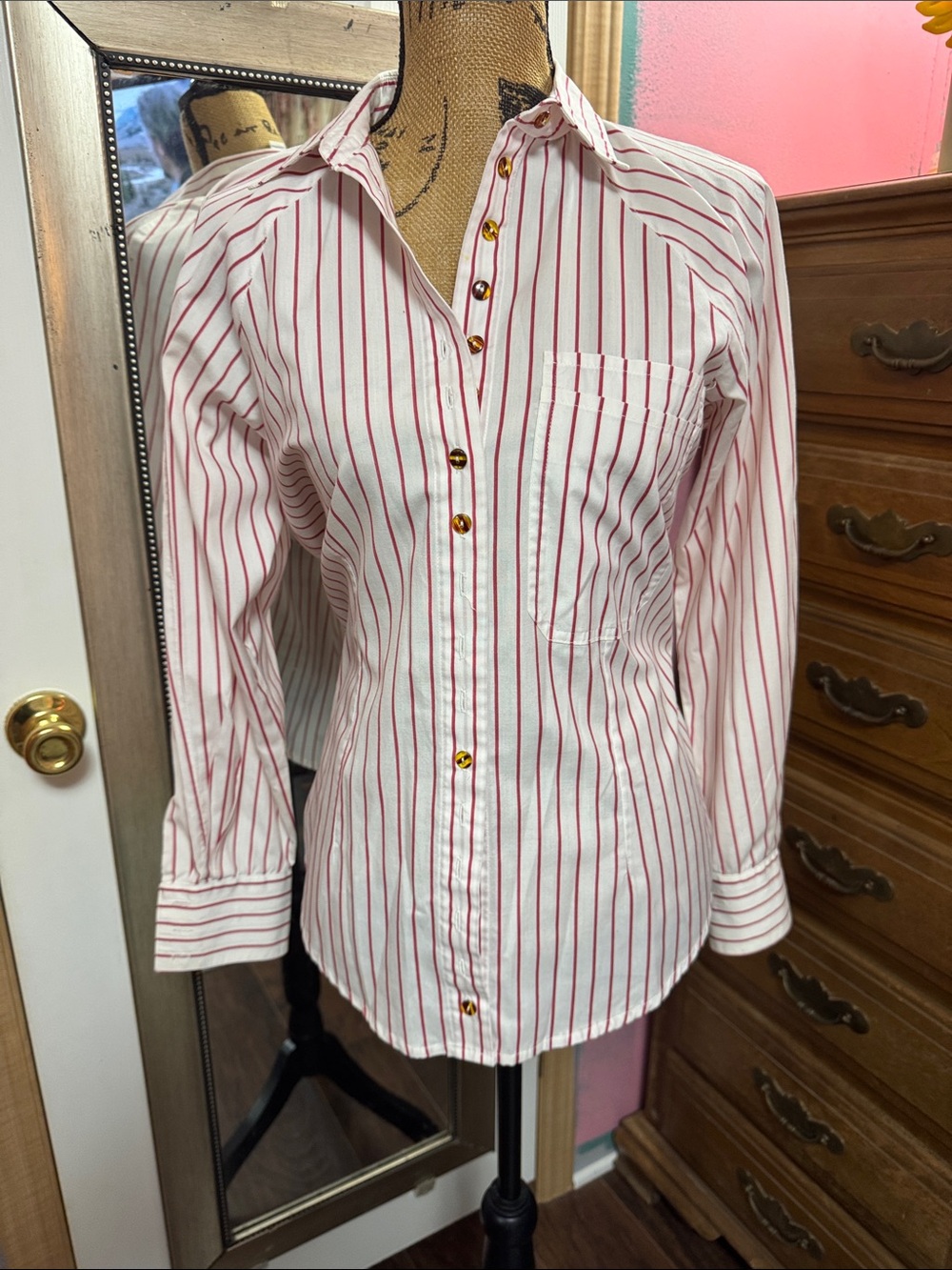 White Button-Up Shirt with Red Pinstripes